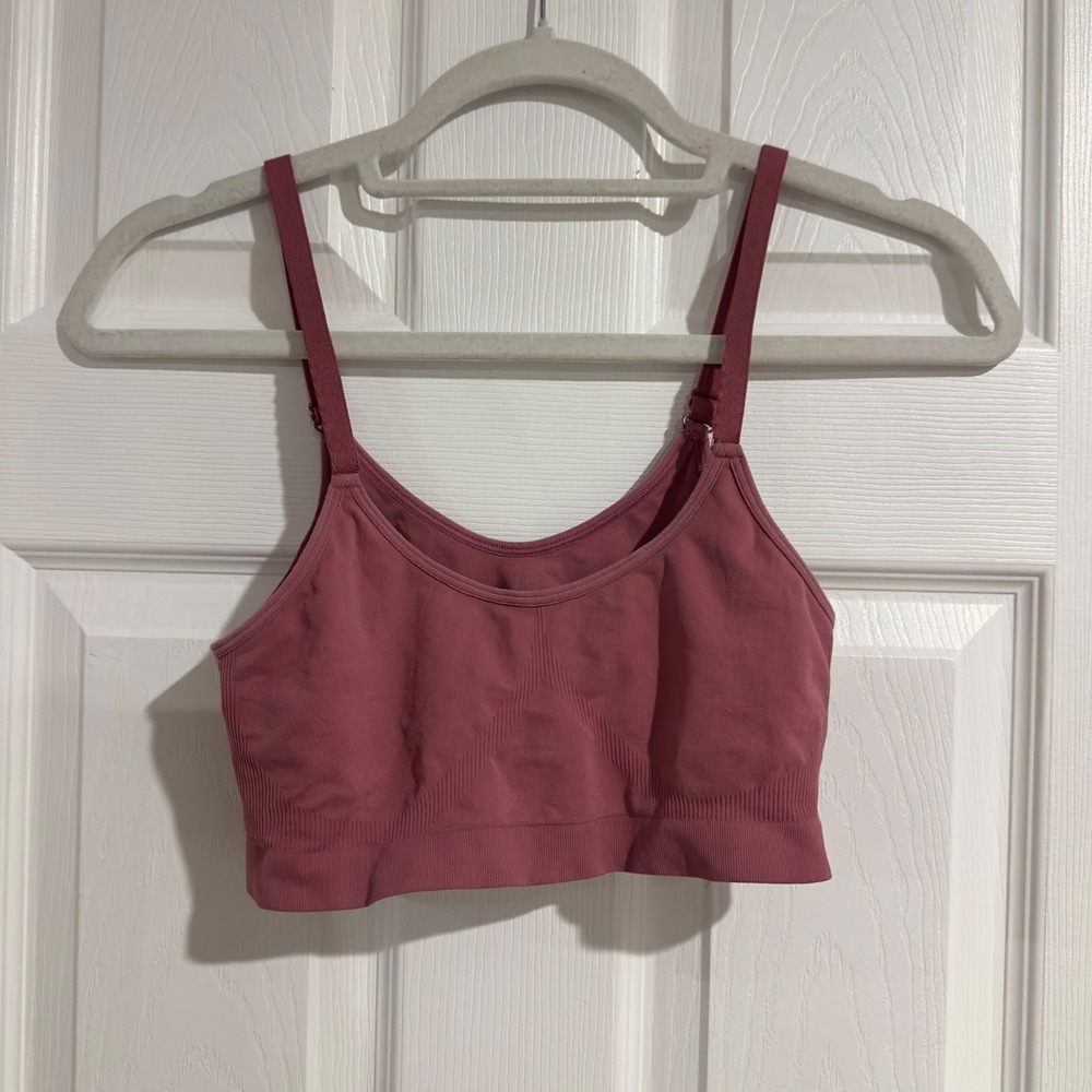 Seamless Ribbed Sports‎ Bra Dusty Rose Mauve Adjustable Straps Low Impact Yoga M